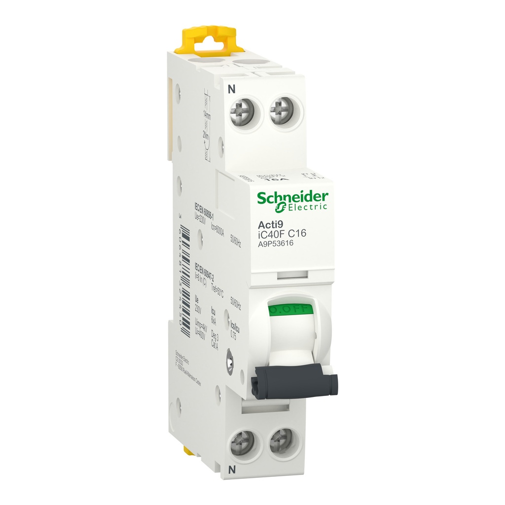 INTERRUPTOR AUTOMÁTICO EN MINIATURA ACTI 9 IC40F 1PN C 16A 6000A/6KA, SCHNEIDER ELECTRIC
